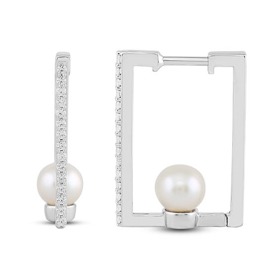 Freshwater Cultured Pearl and White Lab-Created Sapphire Rectangle Hoop Earrings in Sterling Silver