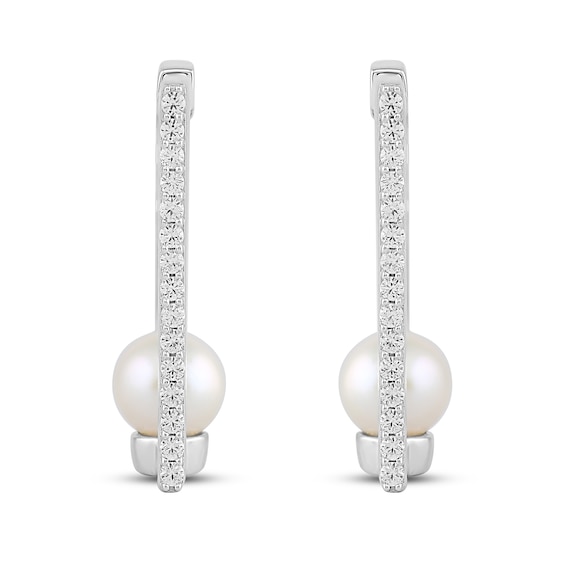 Freshwater Cultured Pearl and White Lab-Created Sapphire Rectangle Hoop Earrings in Sterling Silver