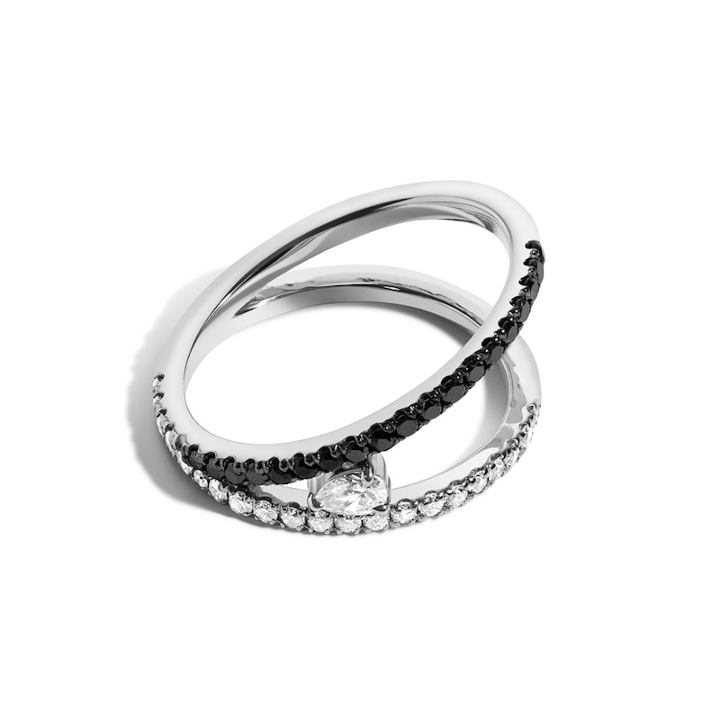 Main Image 1 of Zales x SHAHLA 5/8 CT. T.W. Natural Black Diamond and Pear White Lab-Grown Diamond Love V Ring in 14K White Gold