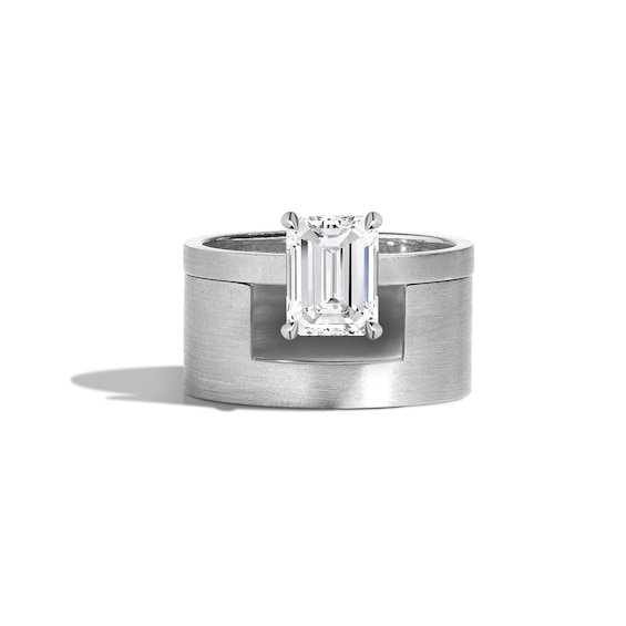 Zales x Shahla 1-1/2 CT. Emerald-Cut Certified Lab-Grown Diamond Solitaire Kahn Ring Set in 14K Gold (F/Vs2