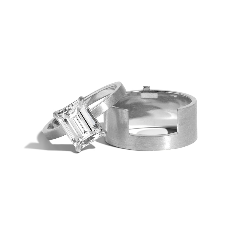 Main Image 2 of Zales x SHAHLA 1-1/2 CT. Emerald-Cut Certified Lab-Grown Diamond Solitaire Kahn Ring Set in 14K White Gold (F/VS2)