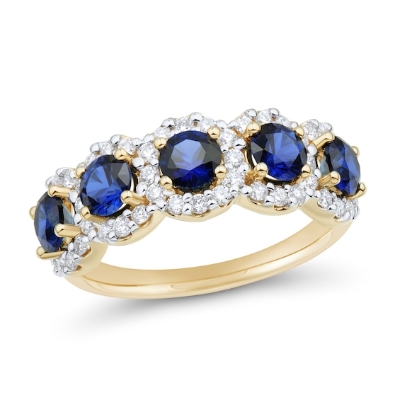 Blue Lab-Created Sapphire and 1/2 CT. T.w. Certified Lab-Grown Diamond Frame Five Stone Ring in 10K Gold (I/Si2)
