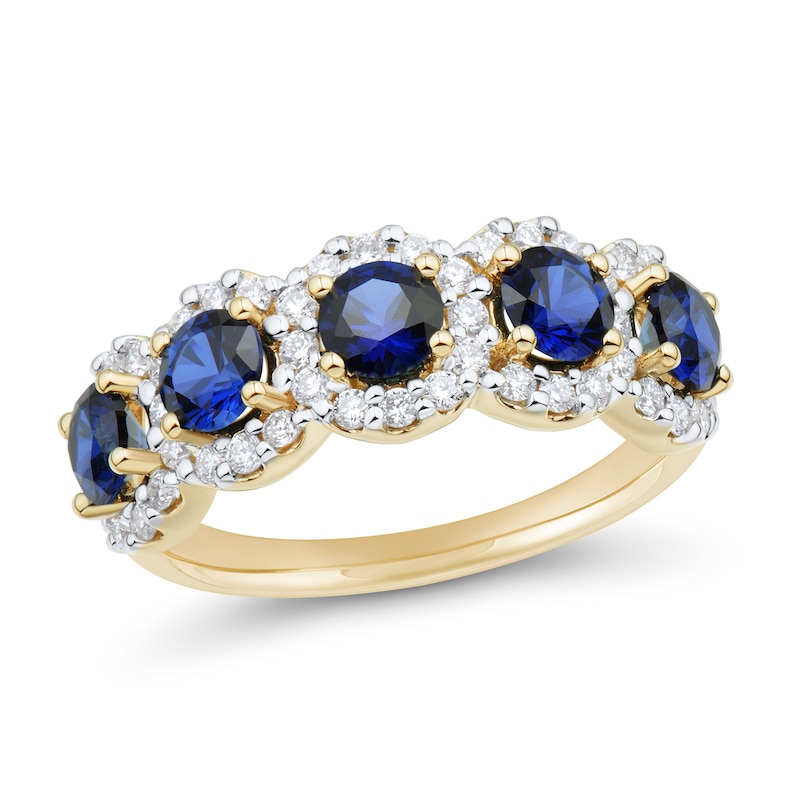 Main Image 1 of Blue Lab-Created Sapphire and 1/2 CT. T.W. Certified Lab-Grown Diamond Frame Five Stone Ring in 10K Gold (I/SI2)