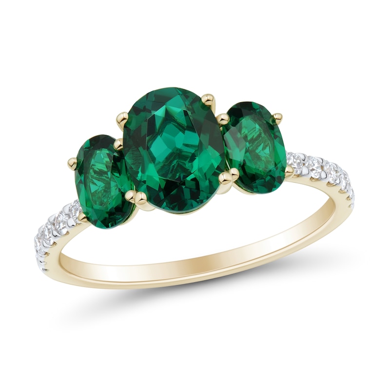 Main Image 1 of Oval Lab-Created Emerald and 1/5 CT. T.W. Certified Lab-Grown Diamond Three Stone Ring in 10K Gold (I/SI2)