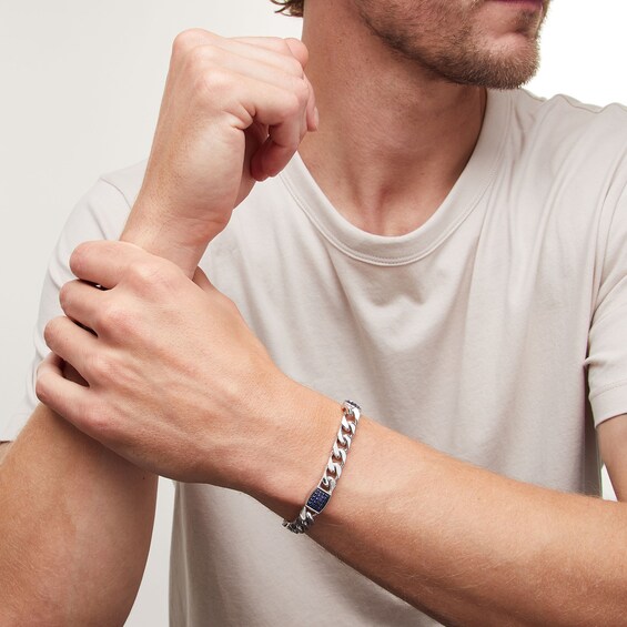 Vera Wang Men Blue Sapphire Station Curb Chain Bracelet in Sterling Silver - 8.5â