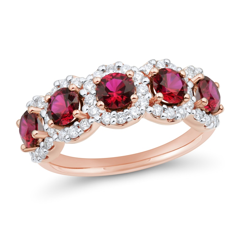 Main Image 1 of 4.0mm Lab-Created Ruby and 1/2 CT. T.W. Certified Lab-Grown Diamond Frame Five Stone Ring in 10K Rose Gold (I/SI2)