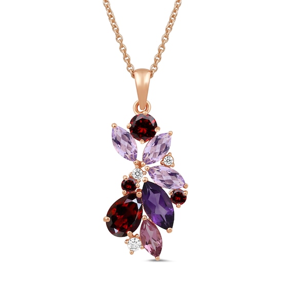 Multi-Shaped Amethyst, Garnet and Pink Lab-Created Sapphire with 1/15 CT. T.w. Diamond Scatter Pendant in 10K Rose Gold