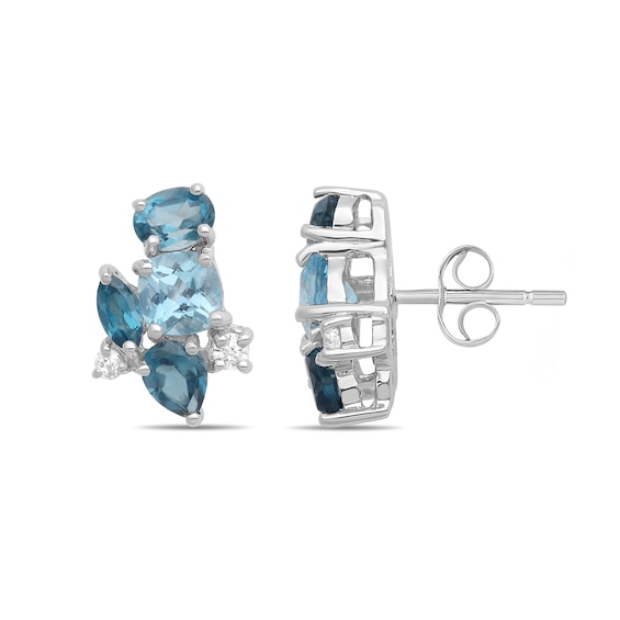 Multi-Shaped Swiss and London Blue Topaz with White Lab-Created Sapphire Cluster Stud Earrings in Sterling Silver