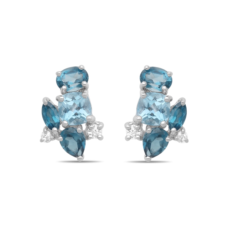 Main Image 2 of Multi-Shaped Swiss and London Blue Topaz with White Lab-Created Sapphire Cluster Stud Earrings in Sterling Silver