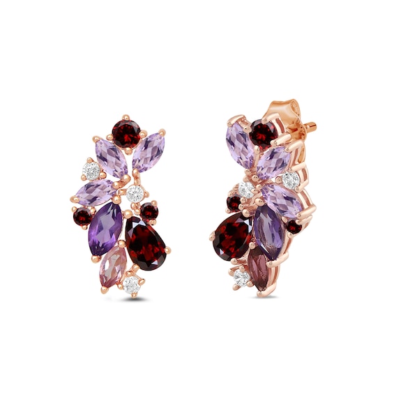 Multi-Shaped Amethyst, Garnet and Pink Lab-Created Sapphire with Diamond Scatter Earrings in 10K Rose Gold