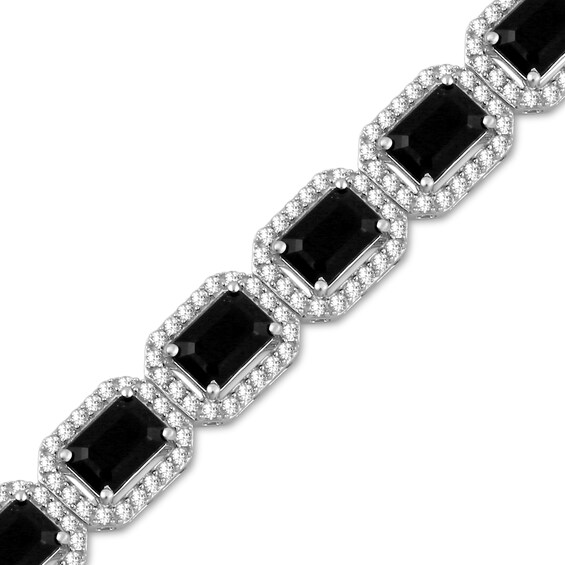 Emerald-Cut Onyx and White Lab-Created Sapphire Frame Link Bracelet in Sterling Silver - 7.5"
