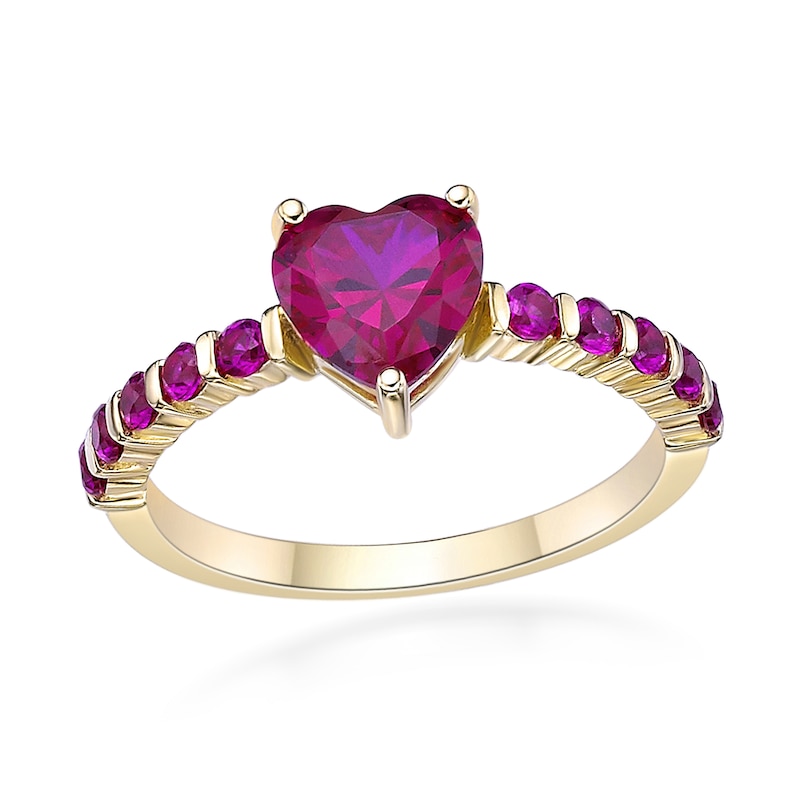 Main Image 1 of 7.0mm Heart-Shaped and Round Lab-Created Ruby Ring in Sterling Silver with 14K Gold Plate