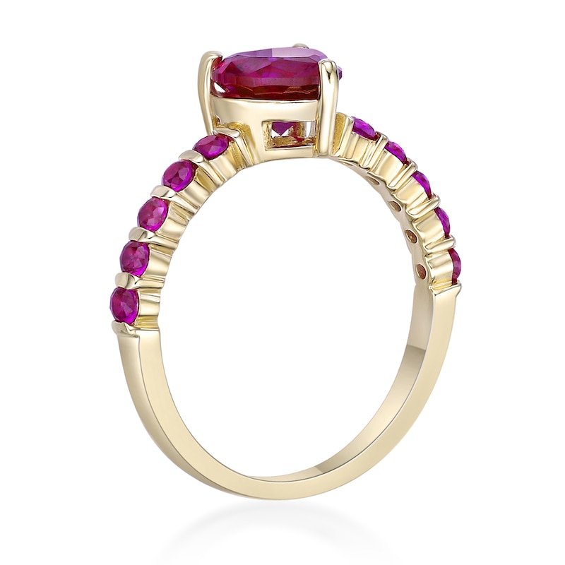 Main Image 2 of 7.0mm Heart-Shaped and Round Lab-Created Ruby Ring in Sterling Silver with 14K Gold Plate