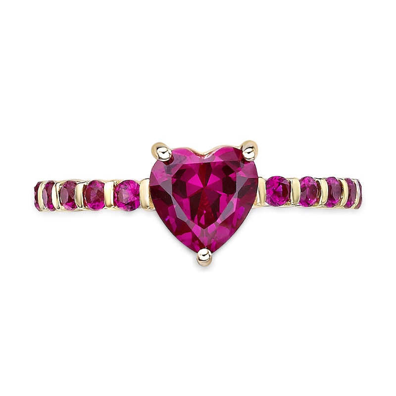 Main Image 3 of 7.0mm Heart-Shaped and Round Lab-Created Ruby Ring in Sterling Silver with 14K Gold Plate