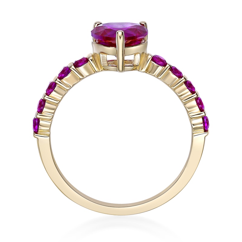 Main Image 4 of 7.0mm Heart-Shaped and Round Lab-Created Ruby Ring in Sterling Silver with 14K Gold Plate