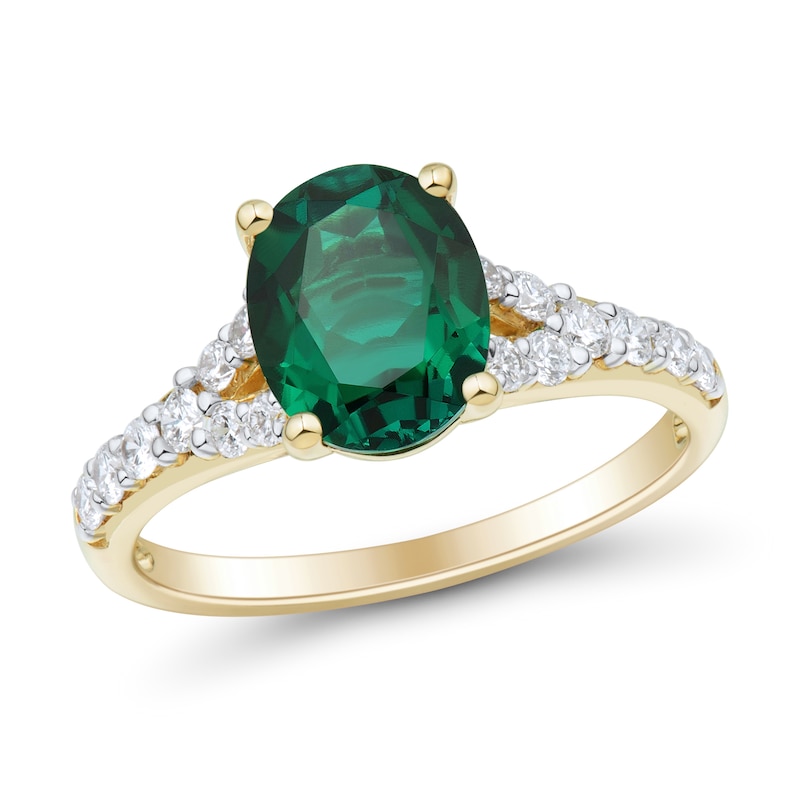 Main Image 1 of Oval Lab-Created Emerald and 3/8 CT. T.W. Certified Lab-Grown Diamond Split Shank Ring in 10K Gold (I/SI2)