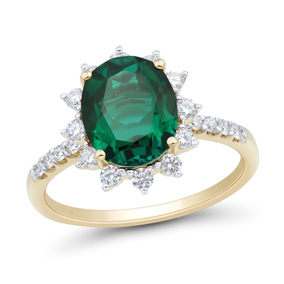 Oval Lab-Created Emerald and 3/8 CT. T.w. Certified Lab-Grown Diamond Starburst Frame Ring in 10K Gold (I/Si2)