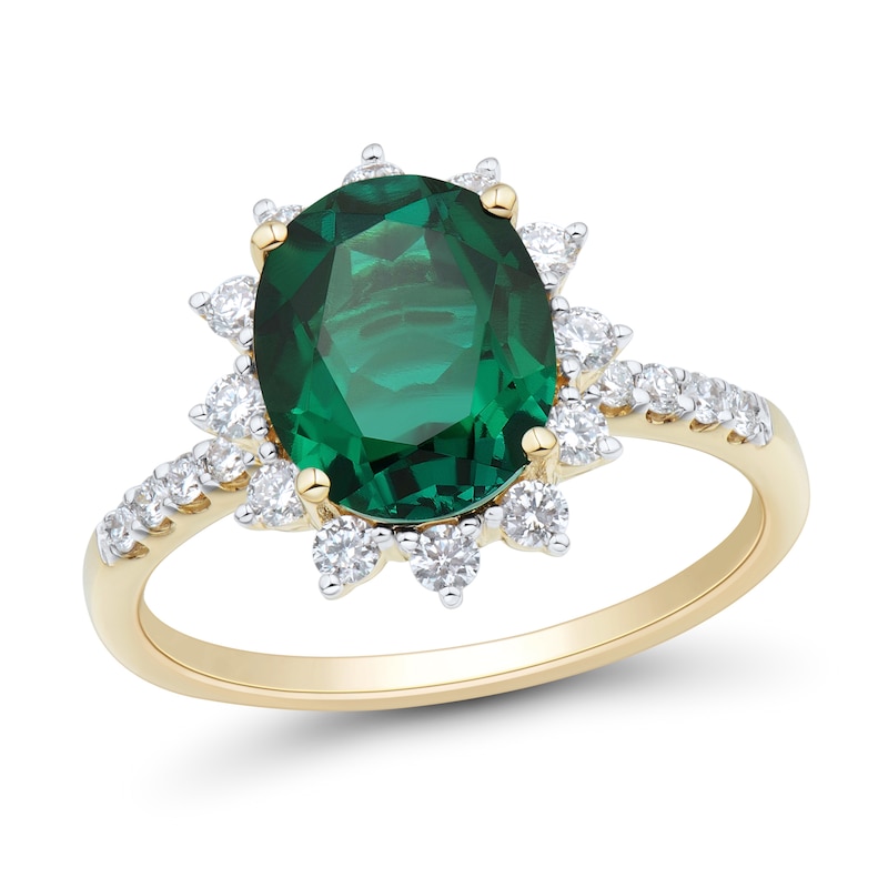 Main Image 1 of Oval Lab-Created Emerald and 3/8 CT. T.W. Certified Lab-Grown Diamond Starburst Frame Ring in 10K Gold (I/SI2)