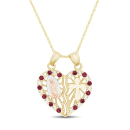 Lab-Created Ruby and White Lab-Created Sapphire Cross with Virgin Mary Heart Pendant in 10K Tri-Tone Gold