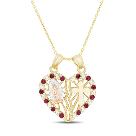Lab-Created Ruby and White Lab-Created Sapphire Cross with Virgin Mary Heart Pendant in 10K Tri-Tone Gold