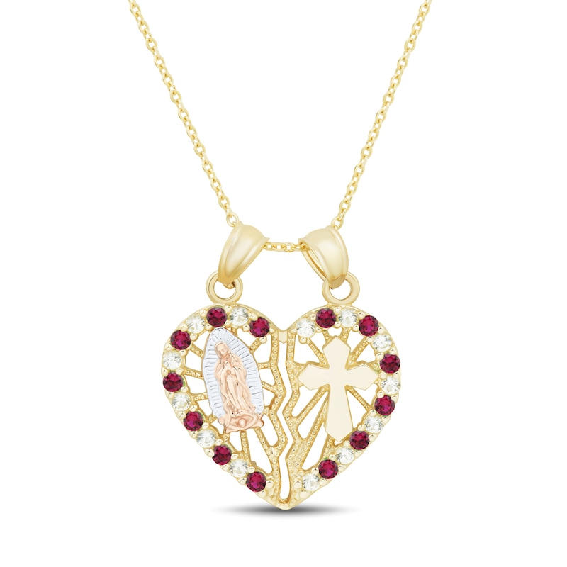Main Image 1 of Lab-Created Ruby and White Lab-Created Sapphire Cross with Virgin Mary Heart Pendant in 10K Tri-Tone Gold
