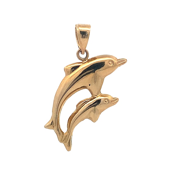 Dolphin Duo Necklace Charm in Hollow 14K Gold
