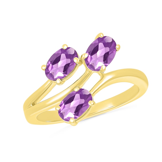 Oval Lab-Created Birthstone Bypass Open Shank Ring in 10K Gold (3 Stones)