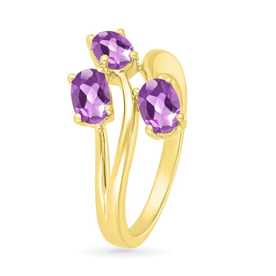 Oval Lab-Created Birthstone Bypass Open Shank Ring in 10K Gold (3 Stones)