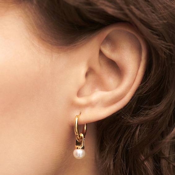 PDPAOLAâ¢ at Zales 6.5mm Freshwater Cultured Pearl Dangle Hoop Earrings in Sterling Silver with 18K Gold Plate