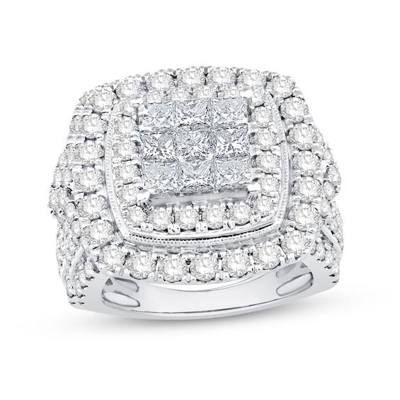 4 CT. T.w. Princess-Cut Multi-Diamond Double Cushion Frame Multi-Row Engagement Ring in 10K White Gold