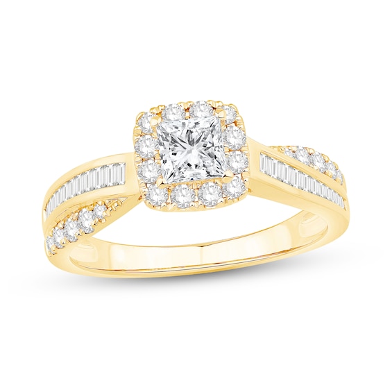 7/8 CT. T.w. Princess-Cut Diamond Cushion Frame Crossover Shank Engagement Ring in 14K Gold
