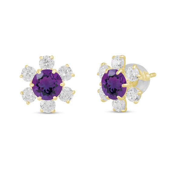 5.0mm Amethyst and White Lab-Created Sapphire Flower Stud Earrings in 10K Gold