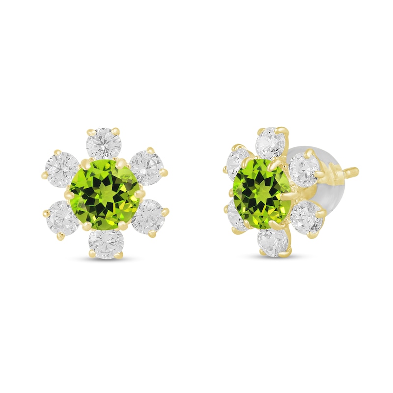 Main Image 1 of 5.0mm Peridot and White Lab-Created Sapphire Flower Stud Earrings in 10K Gold