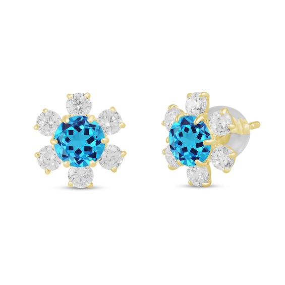 5.0mm Swiss Blue Topaz and White Lab-Created Sapphire Flower Stud Earrings in 10K Gold