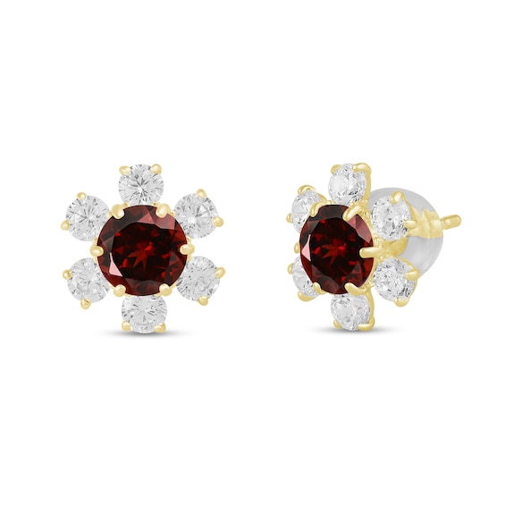 5.0mm Garnet and White Lab-Created Sapphire Flower Stud Earrings in 10K Gold