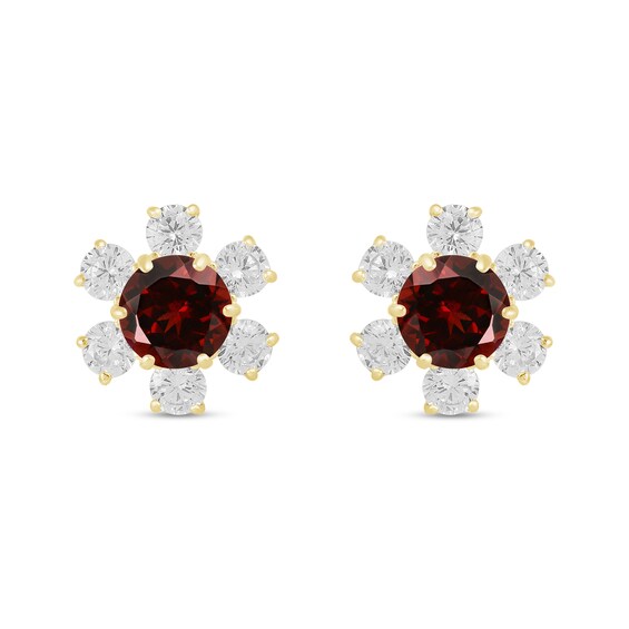 5.0mm Garnet and White Lab-Created Sapphire Flower Stud Earrings in 10K Gold