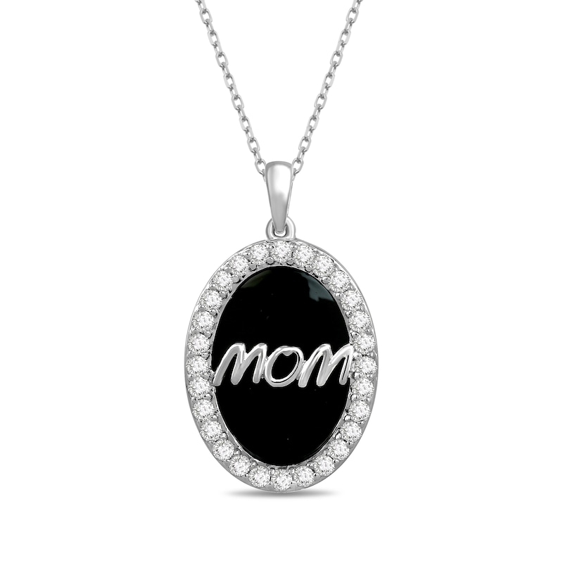 Main Image 1 of Oval-Shaped Onyx and White Lab-Created Sapphire Frame “MOM” Pendant in Sterling Silver