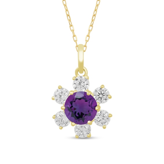 5.0mm Amethyst and White Lab-Created Sapphire Flower Pendant in 10K Gold
