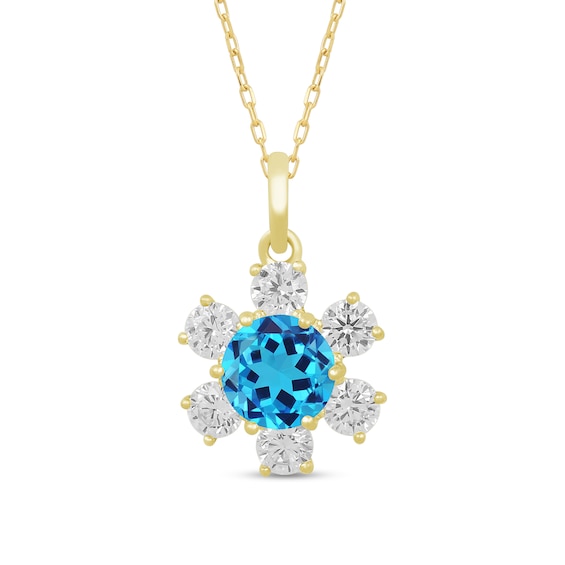 5.0mm Swiss Blue Topaz and White Lab-Created Sapphire Flower Pendant in 10K Gold
