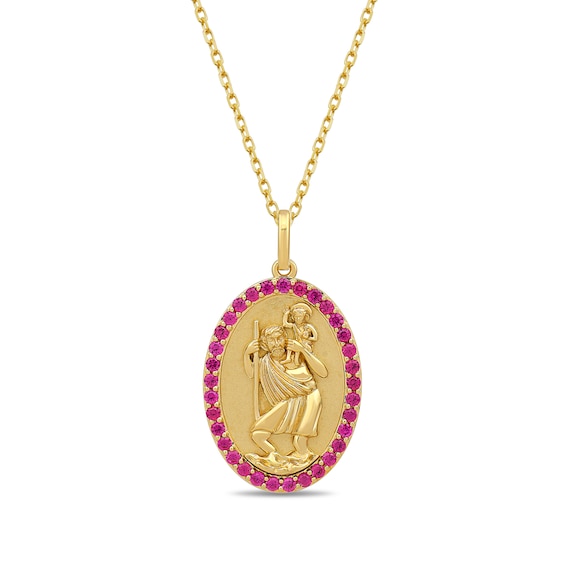 Lab-Created Ruby Saint Christopher Medal Oval Pendant in 10K Gold