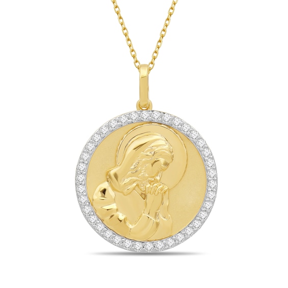 White Lab-Created Sapphire Frame Jesus in Prayer Medal Pendant in 10K Gold