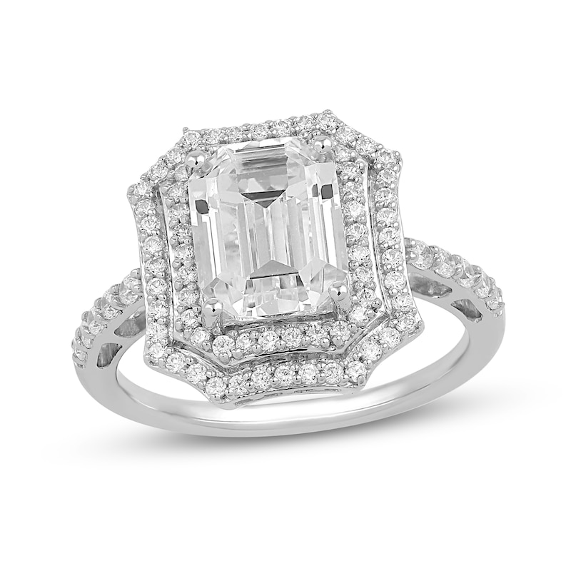 Main Image 1 of Emerald-Cut White Lab-Created Sapphire Double Octagon Frame Ring in Sterling Silver