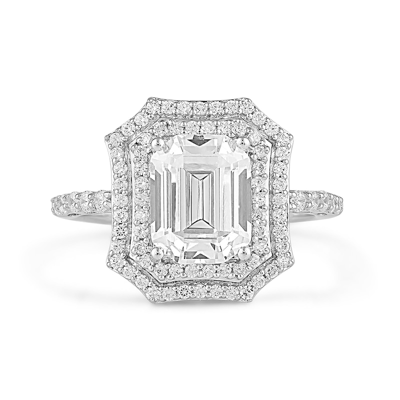 Main Image 3 of Emerald-Cut White Lab-Created Sapphire Double Octagon Frame Ring in Sterling Silver