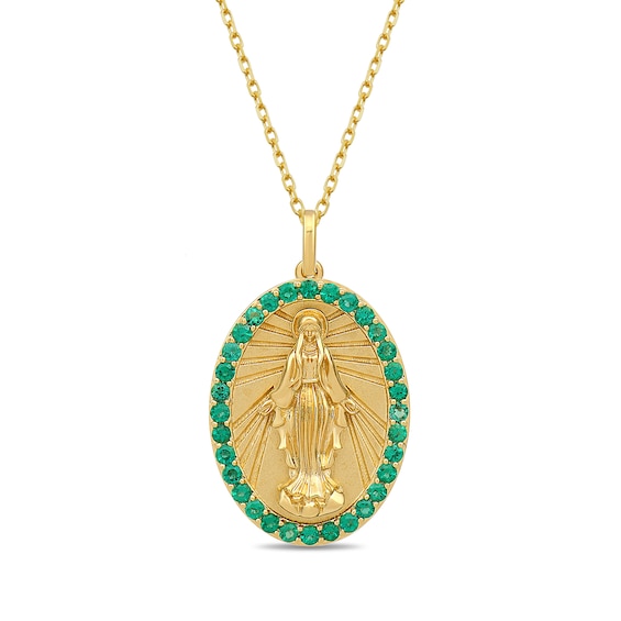 Lab-Created Emerald Miraculous Medal Oval Pendant in 10K Gold