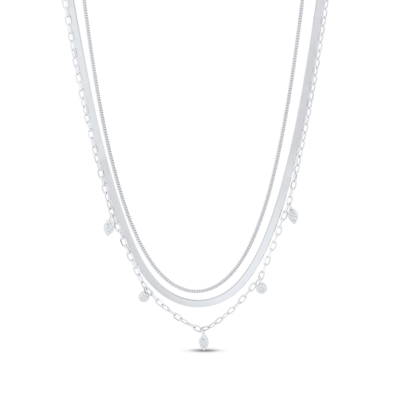 Main Image 1 of 1/6 CT. T.W. Multi-Diamond Dangle Triple Strand Chain Necklace in 10K White Gold - 17”