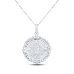 1/10 CT. T.W. Diamond Scallop Frame Jesus Medallion Pendant in 10K White Gold