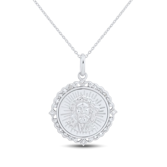 1/10 CT. T.w. Diamond Scallop Frame Jesus Medallion Pendant in 10K White Gold