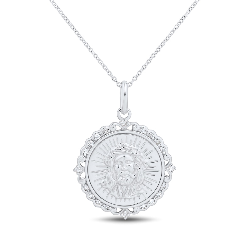 Main Image 1 of 1/10 CT. T.W. Diamond Scallop Frame Jesus Medallion Pendant in 10K White Gold