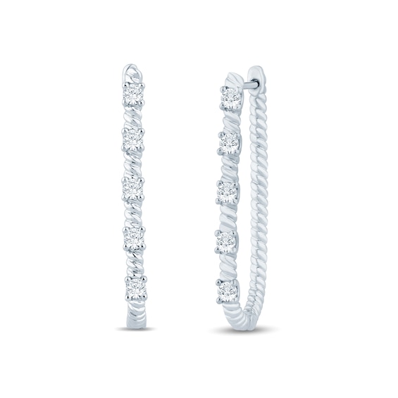 1/2 CT. T.w. Diamond Station Rope-Textured U-Hoop Earrings in 10K White Gold