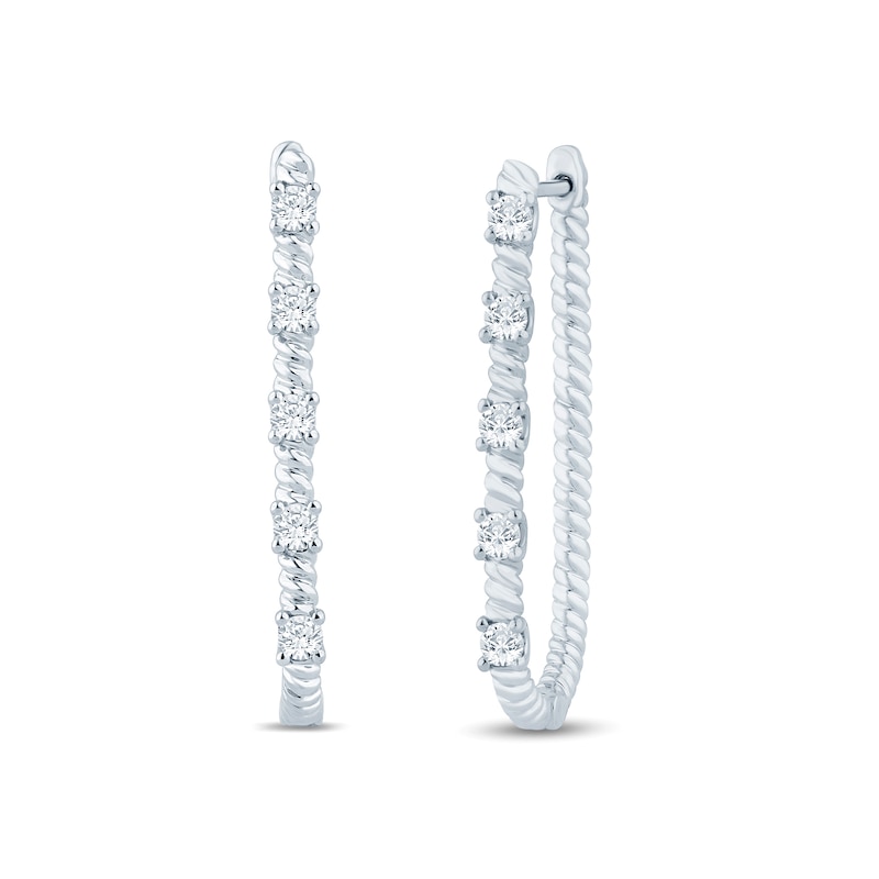 Main Image 1 of 1/2 CT. T.W. Diamond Station Rope-Textured U-Hoop Earrings in 10K White Gold